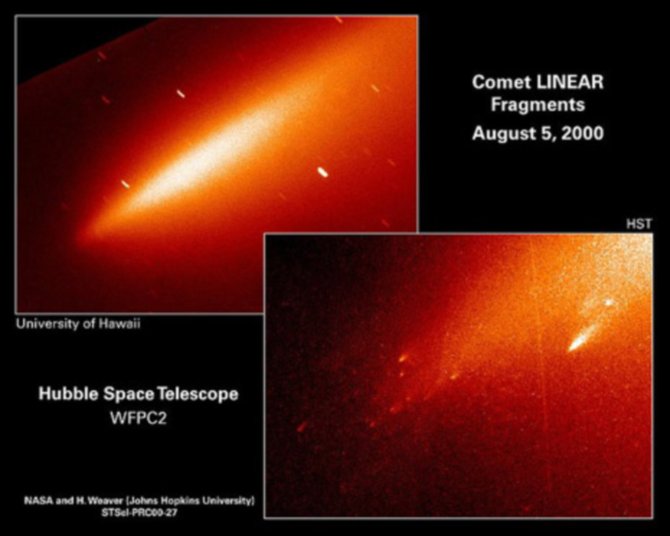 Il nucleo ormai frantumato della cometa LINEAR, il 5 agosto del 2000. A sinistra la forma a “sigaro” osservata da terra. A destra l’immagine di Hubble con i singoli frammenti ben evidenti.