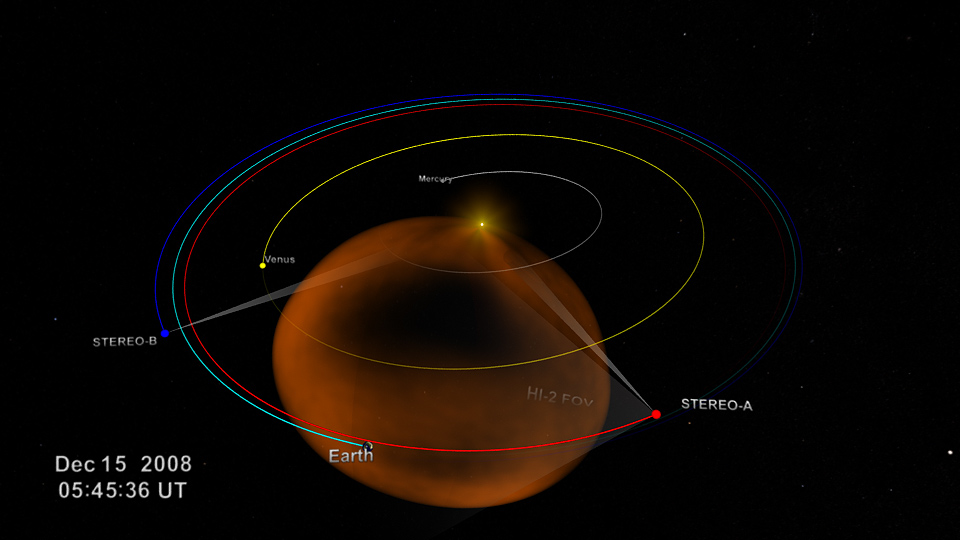 Immagine ricavata dal video della NASA delle posizioni orbitali dei pianeti e delle sonde STEREO. Una visione completa di una eruzione solare di dicembre 2008. L'area arancione rappresenta il CME. Credit: NASA / Goddard Space Flight Center / Studio Visualizzazione Scientifica