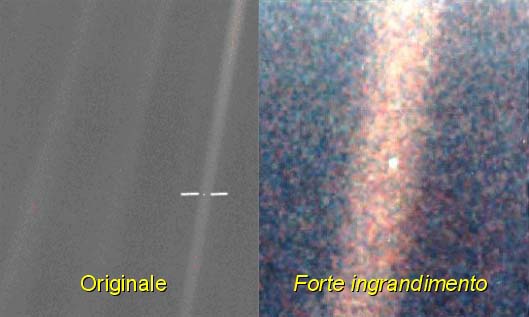 Immagini della Terra riprese da circa 6 miliardi di km di distanza (oltre l'orbita di Nettuno) dal Voyager 1 nel 1990. Photo NASA courtesy.